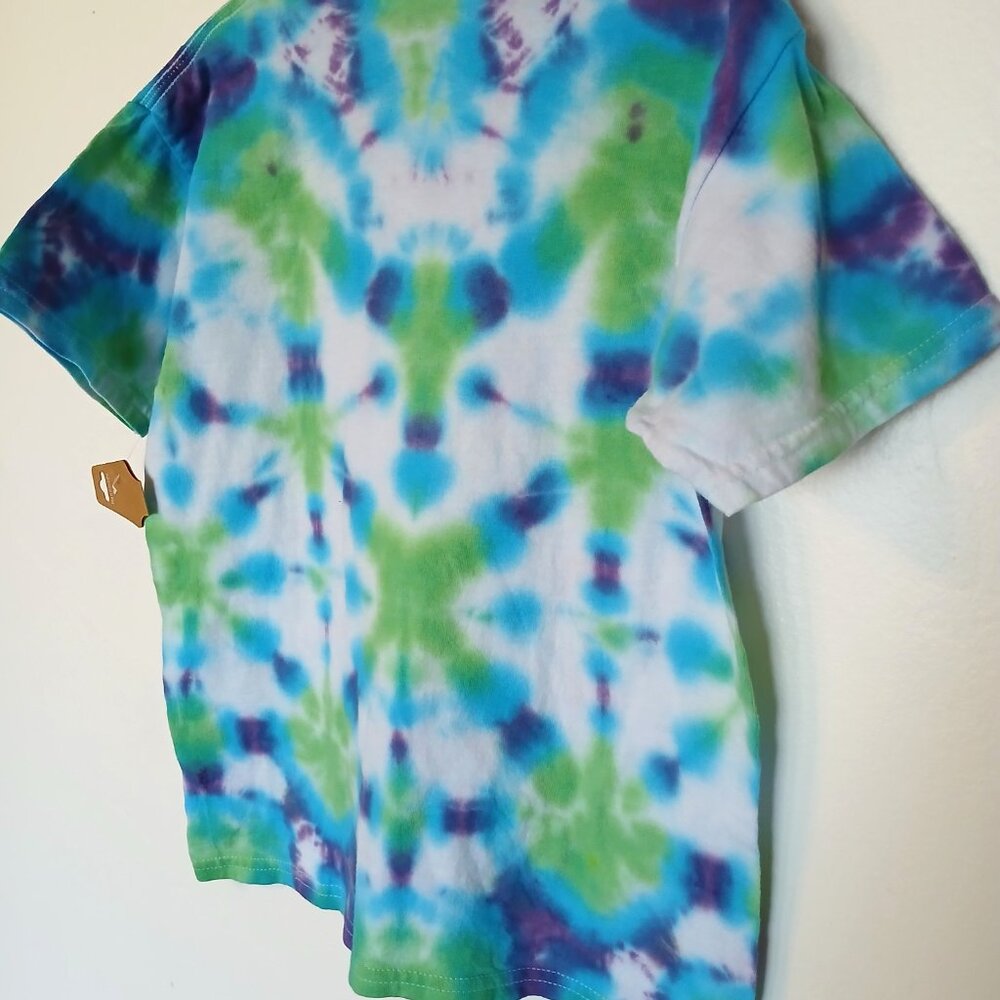 Tie Dye T-Shirt with Groovy Pattern in Indigo Green Blue Short Sleeve Kids Small - Picture 11 of 16